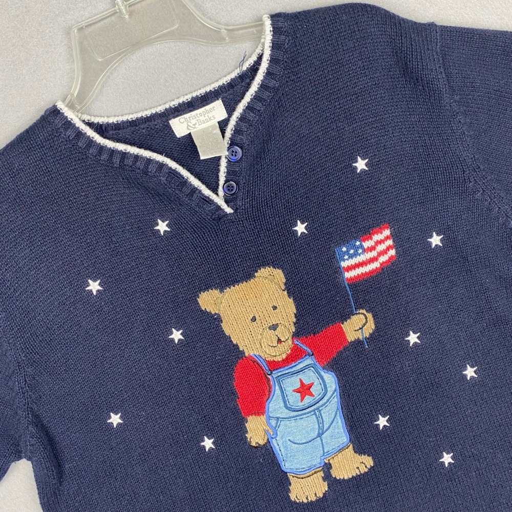 Christopher & Banks Vintage Patriotic Teddy Bear Short Sleeve Sweater Navy Large